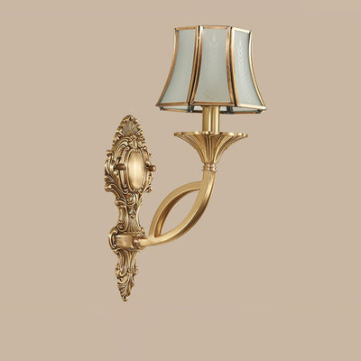 Traditional European Hexagonal Shade Wheat Copper Glass 1/2 Light Wall Sconce Lamp For Living Room