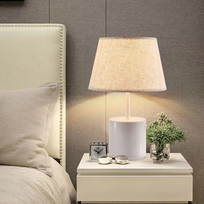 Traditional Farmhouse Fabric Metal Conic Cylinder Base 1-Light Table Lamp For Bedside