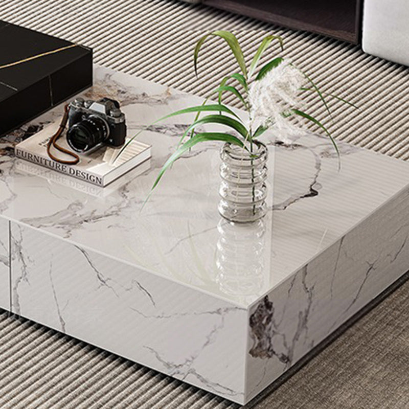 Modern Minimalist Rectangular Square Rock Plate Wood Coffee Table 4-Drawer For Living Room