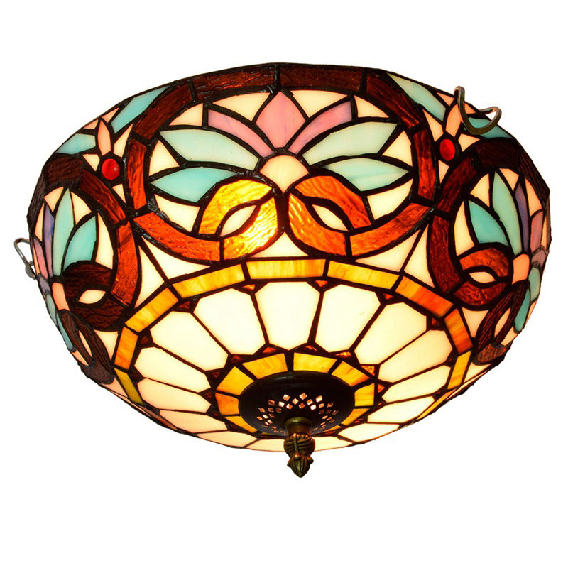 Traditional Tiffany Dome Iron Glass 2-Light Flush Mount Light For Living Room