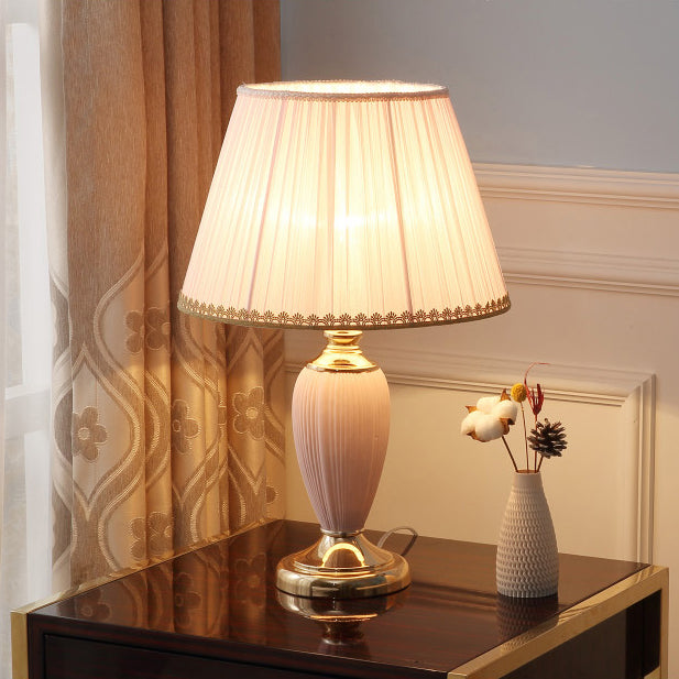 Traditional European Pleated Fabric Shade Ceramic Column Base 1-Light Table Lamp For Bedroom