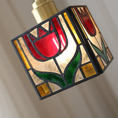 Traditional Tiffany Square Tulip Red Rose Rubik's Cube Brass Stained Glass 1-Light Pendant Light For Living Room