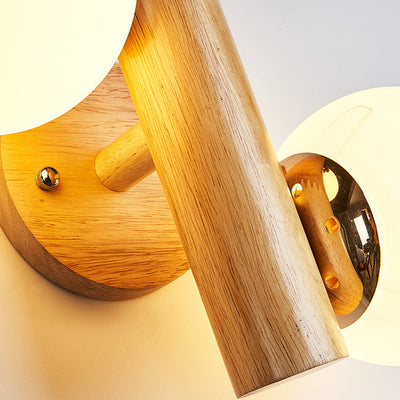 Modern Minimalist Cylinder Orb Wood Hardware Glass 2-Light Wall Sconce Lamp For Bedroom