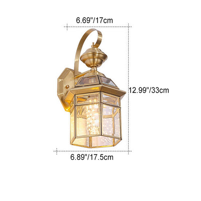 European Outdoor Hexagonal Cage Glass Copper 1-Light Waterproof Wall Sconce Lamp