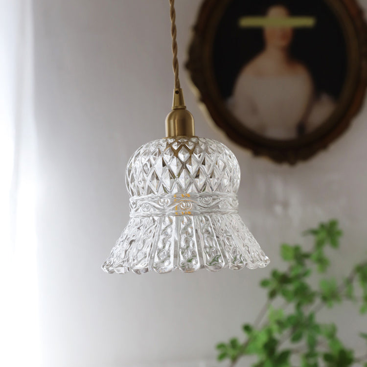 Traditional French Floral Brass Glass 1-Light Pendant Light For Living Room