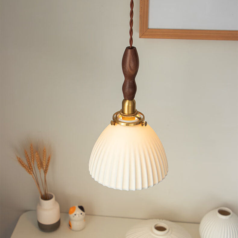 Traditional Japanese Walnut Brass Ceramic Round Bowl 1-Light Pendant Light For Dining Room