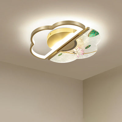 Traditional Chinese Enamel Lotus Acrylic Shade Brass Frame LED Semi-Flush Mount Ceiling Light For Living Room