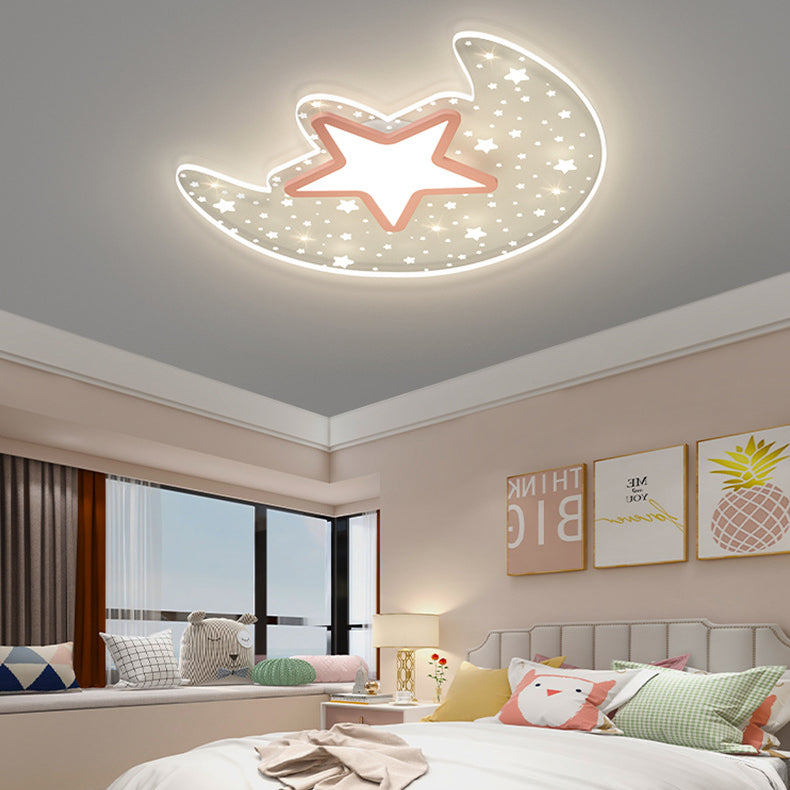 Contemporary Creative Star Moon Aluminium Acrylic LED Flush Mount Ceiling Light For Bedroom