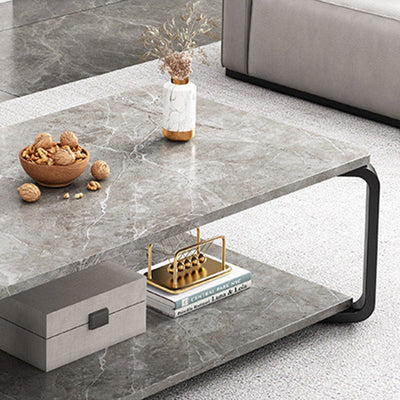 Modern Minimalist Rectangular Table Top Metal Marble Coffee Table 1-Shelf For Living Room