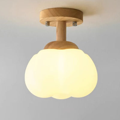 Modern Simplicity Rubber Wood PE Pumpkin Round 1-Light Semi-Flush Mount Ceiling Light For Hallway