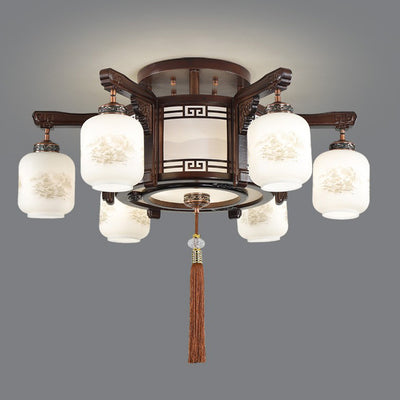 Traditional Chinese Wood Acrylic Glass Round Rectangular Lantern 6/8/10 Light Flush Mount Ceiling Light For Living Room