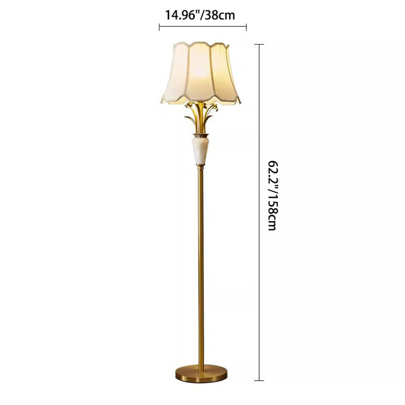 Contemporary Luxury Fabric Shade Jade All Copper Carved Base 1-Light Standing Floor Lamp For Home Office