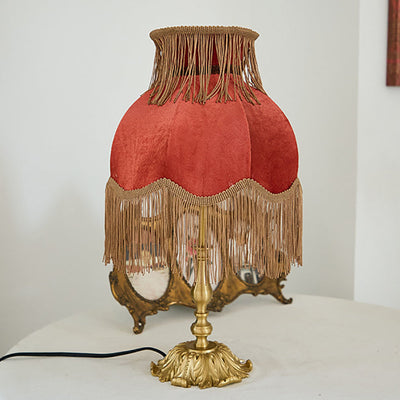 Traditional French Fabric Tassel Shade Full Copper Base 1-Light Table Lamp For Home Office