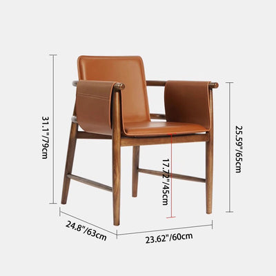 Modern Luxury Square Frame Solid Wood Saddle Leather Dining Chair Backrest Armrest For Dining Room