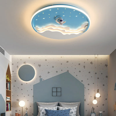 Contemporary Creative Kids Round Cloud Astronaut Iron LED Flush Mount Ceiling Light For Bedroom