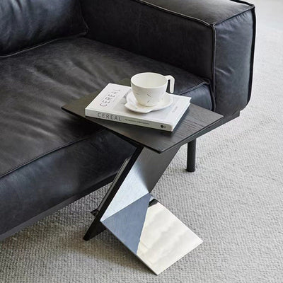 Modern Minimalist Rectangle Z-Shape Wood Metal End Table For Living Room