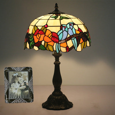 Traditional Tiffany Stained Glass Rose Flower Parrot Dome 1-Light Table Lamp For Bedroom