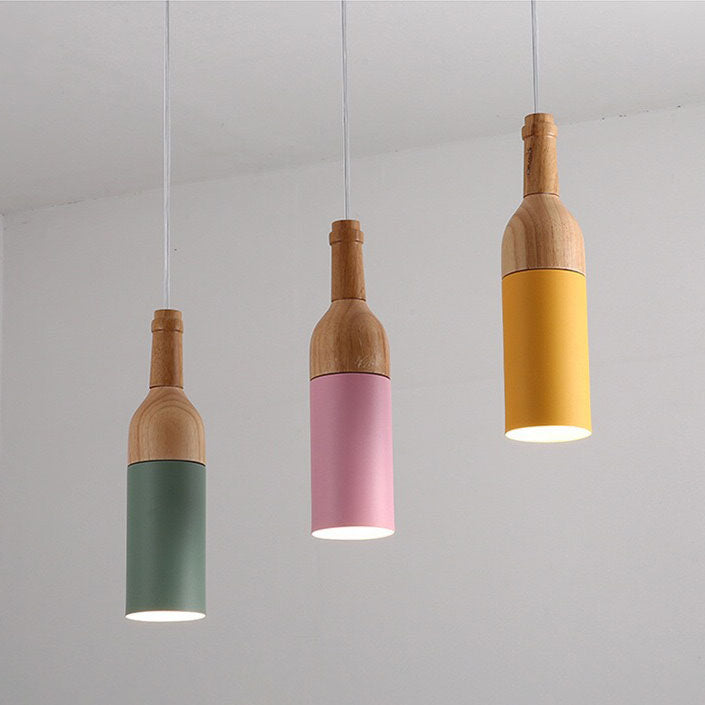Lustre nordique moderne minimaliste en forme de bouteille de vin, en fer et en aluminium, en bois massif, à 3 lumières, luminaire d&
