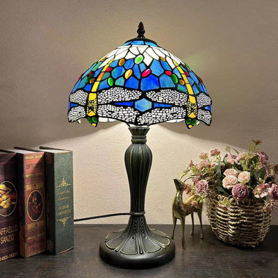 Traditional Tiffany Round Dome Flower Alloy Stained Glass 1-Light Table Lamp For Living Room