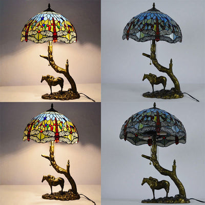 Traditional Tiffany Resin Glass Dome Conic Hemispheric Branch Horse Base 2-Light Table Lamp For Study