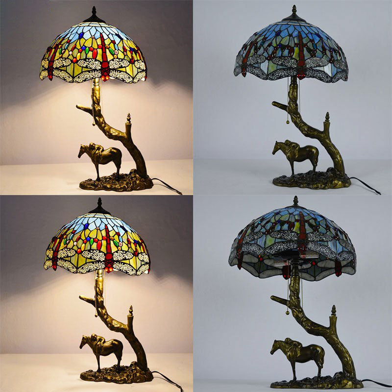 Traditional Tiffany Resin Glass Dome Conic Hemispheric Branch Horse Base 2-Light Table Lamp For Study