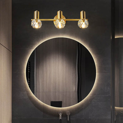 Modern Luxury Cylinder Diamond All Brass Crystal 2/3 Light Vanity Light Wall Sconce Lamp For Bathroom