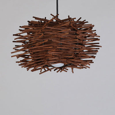 Traditional Japanese Rattan Weaving Birds Nest 1-Light Pendant Light For Living Room