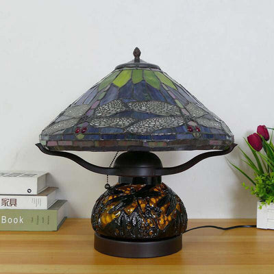 Traditional Tiffany Iron Glass Conic Dragonfly Water Lily 2/3 Light Table Lamp For Study