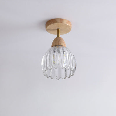 Japanese Vintage Wood Glass Cone Flower 1-Light Semi-Flush Mount Ceiling Light