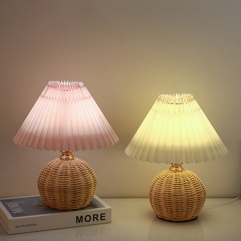 Contemporary Nordic Rattan Fabric Pleated Conic Ball LED Table Lamp For Bedroom