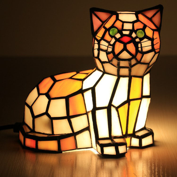Lampe de table traditionnelle à 1 lumière en forme de chat en vitrail Tiffany pour chambre à coucher