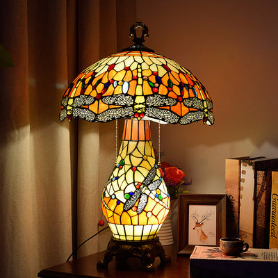 Traditional Tiffany Round Umbrella Shaped Aluminum Stained Glass 3-Light Table Lamp For Bedroom