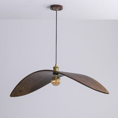 Traditional Japanese Arc Walnut Wood Grain Leaf-Shaped 1-Light Pendant Light For Dining Room