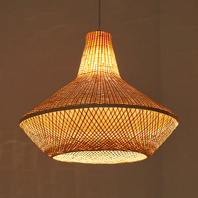 Traditional Chinese Round Bamboo Weaving 1-Light Pendant Light For Entertainment Rooms