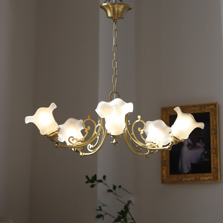 Traditional French Brass Carved Lamp Arm Alabaster Flower Glass 3/5-Light Chandelier For Living Room