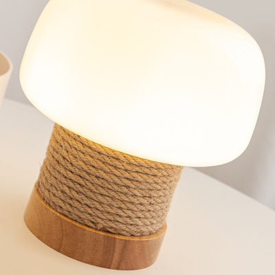 Modern Minimalist Cylinder Mushroom Shape Oak Twine Glass 1-Light Table Lamp For Bedroom