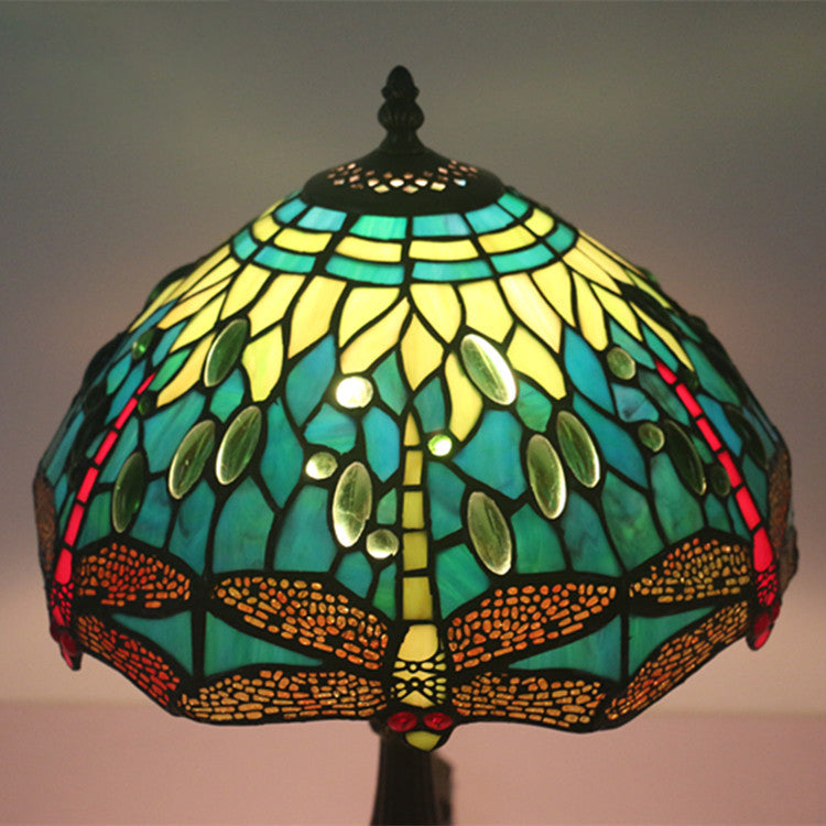 Traditional Tiffany Stained Glass Animal Dragonfly Pattern Zinc Alloy Base 1-Light Table Lamp For Bedroom