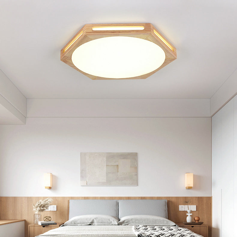 Traditional Vintage Wood Grain Hexagon Acrylic LED Flush Mount Ceiling Light For Living Room