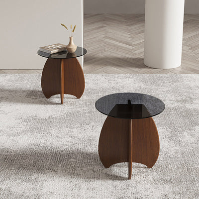 Contemporary Nordic Round Cross-Legged Glass Pine Wood Side Table For Living Room