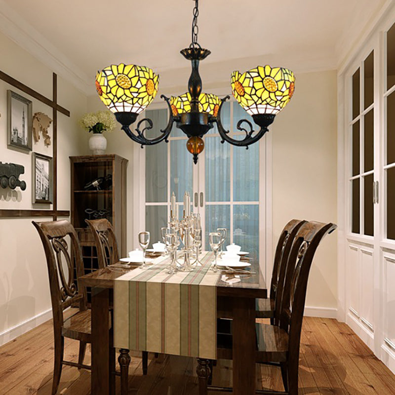 Traditional Tiffany Pastoral Yellow Sun Flower Pattern Stained Glass 3-Light Chandelier For Dining Room