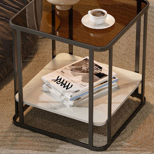 Modern Minimalist Square Rectangular Glass Rock Slab Metal Coffee Table For Living Room