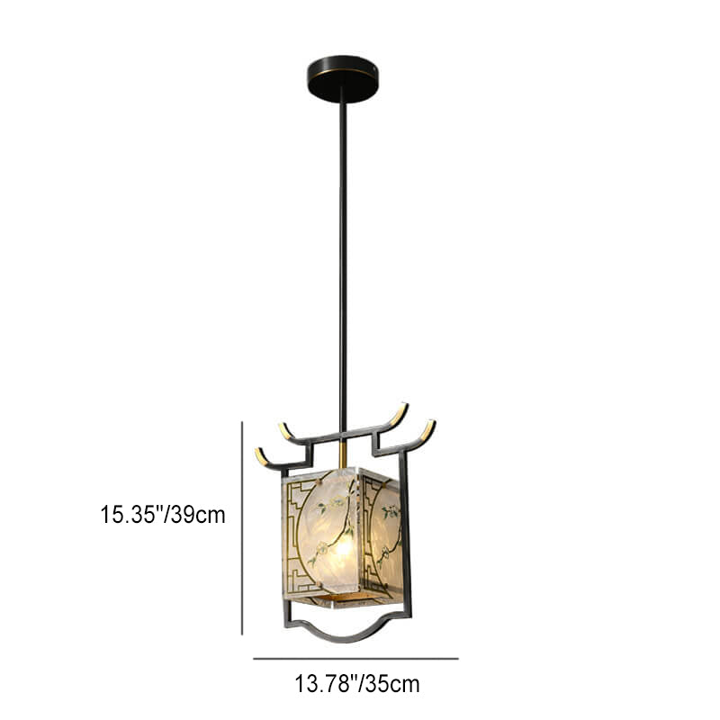 Traditional Chinese Quadrilateral Copper Lucite Enameled 1 Light Pendant Light For Living Room