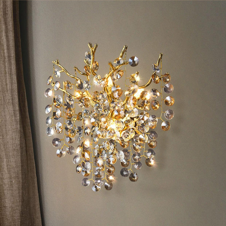 Modern Luxury Aluminum Crystal Branch Bead 2/3 Light Wall Sconce Lamp For Living Room