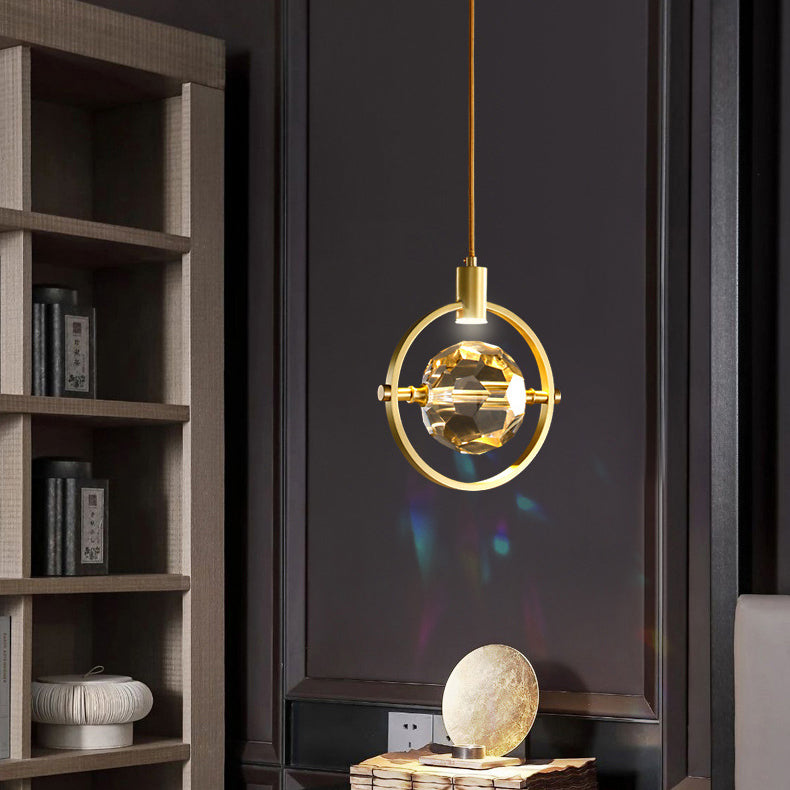 Modern Luxury Full Copper Circle Ring Crystal Ball LED Pendant Light For Living Room