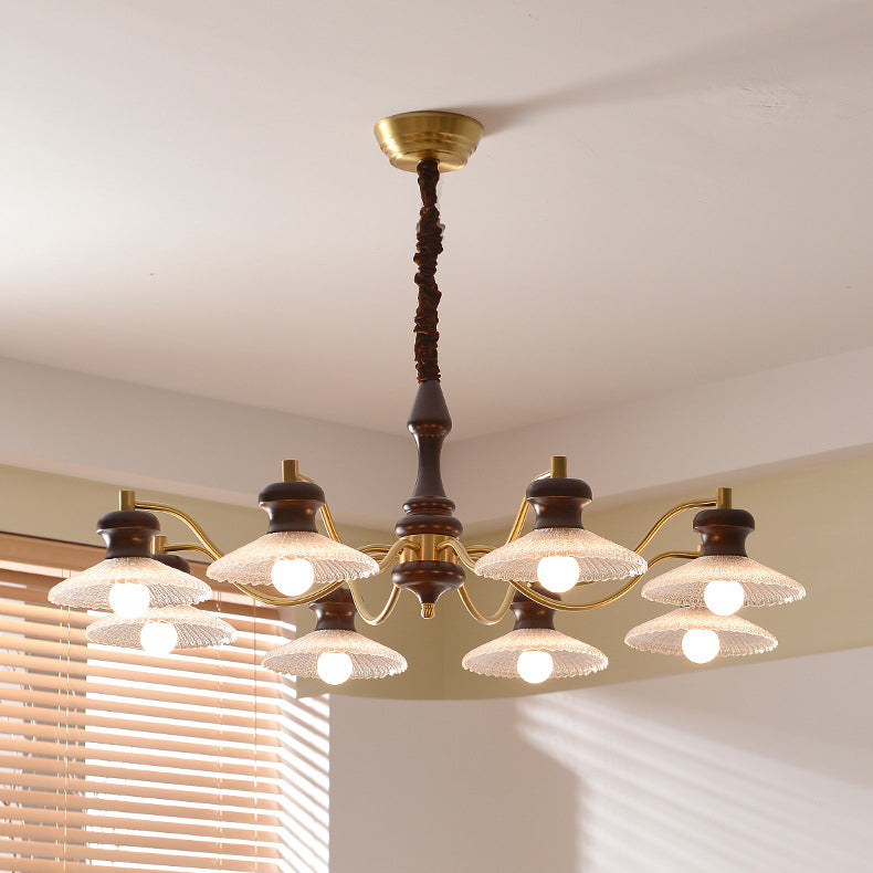 Traditional Vintage Brass Iron Ash Wood Glass Round Bowl 3/6/8 Light Chandeliers For Dining Room