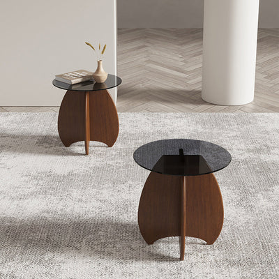 Contemporary Retro Geometric Oval Tempered Glass Wood Base End Table For Living Room