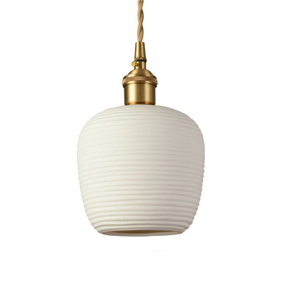 Contemporary Nordic Irregular Cylinder Stripe Ceramic Copper 1-Light Pendant Light For Living Room