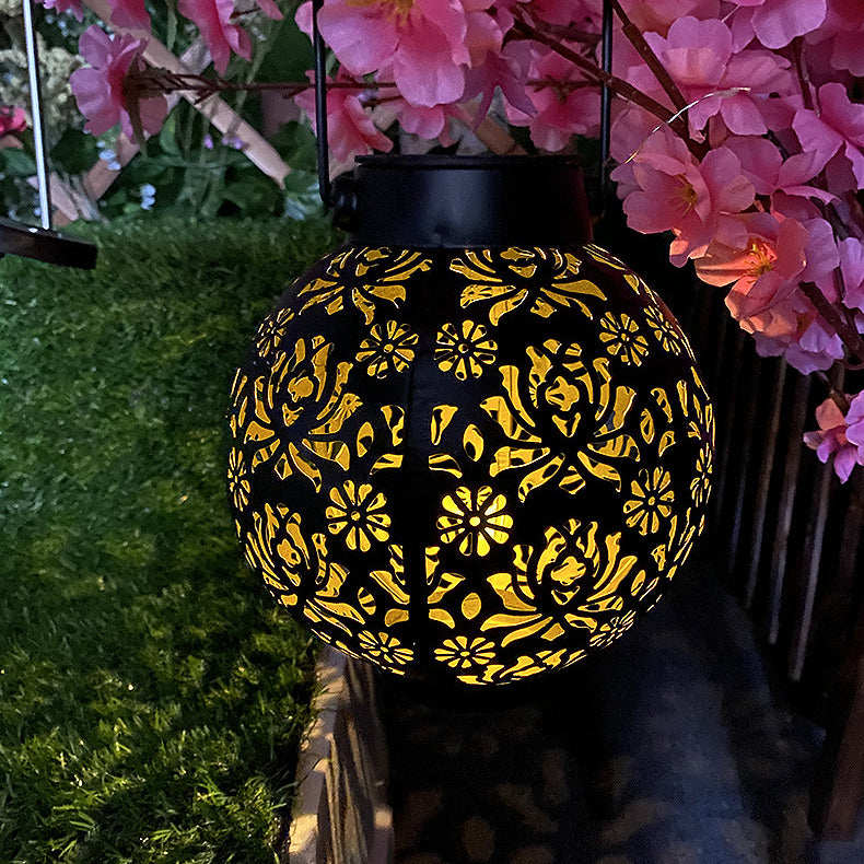 Modern Art Deco Solar Waterproof Hollow Out Blip Round Lantern Iron LED Outdoor Light For Garden