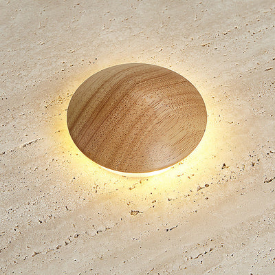 Traditional Japanese Yellow Travertine Disc Shade Wood Grain LED Flush Mount Ceiling Light For Living Room