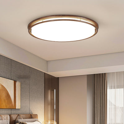 Modern Minimalist Geometric Round Walnut Wood Acrylic LED Flush Mount Ceiling Light For Living Room